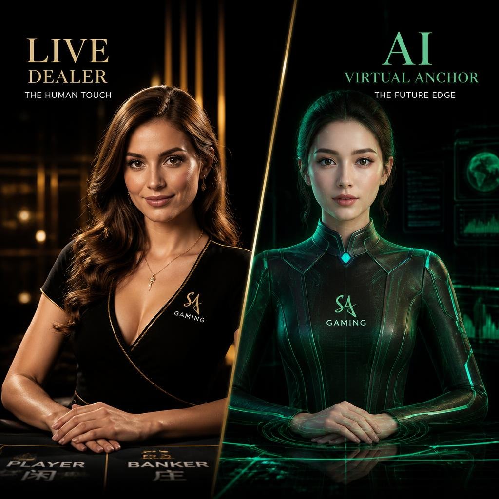 Split portrait comparing a human casino host and a photoreal AI virtual anchor