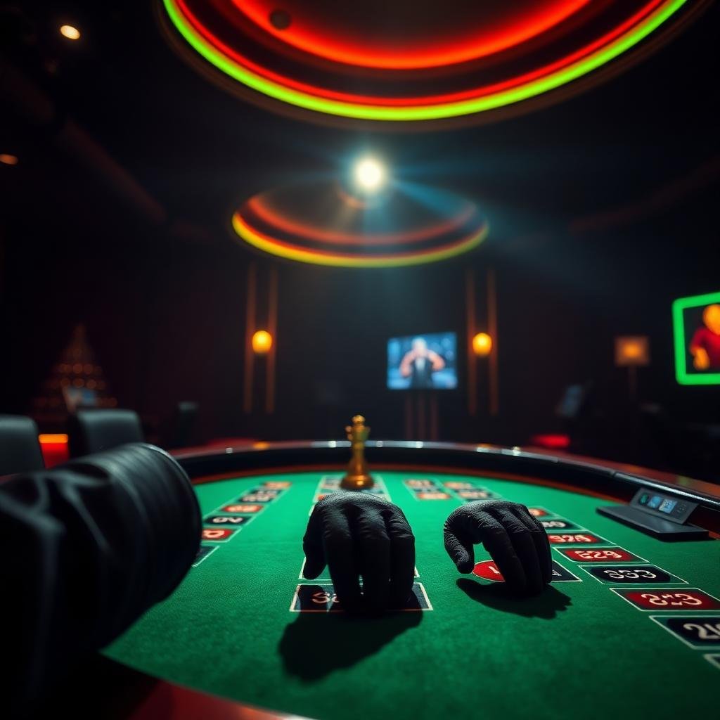 Live casino studio table lit with amber and neon accents